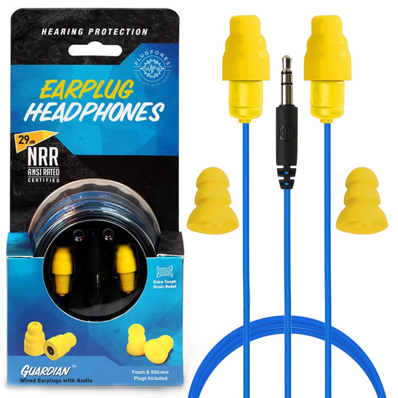 Plugfones سماعات أذن Plugfones Guardian - معتمدة من OSHA لعزل الضوضاء مع حماية السمع - سماعات أذن سلكية هجينة للعمل والسفر - تشمل سدادات أذن سيليكون ورغوة - زرقاء وصفراء - Image 1